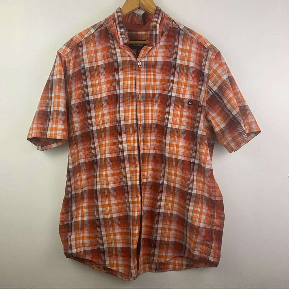 Marmot Orange Plaid Casual Button Down Short Sleeve Shirt Mens Large